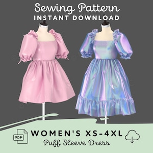 Puff Sleeve Dress Sewing Pattern | Digital Download Womens XS-4XL PDF Pattern Coquette Poofy Babydoll Dress for Party Picnic or Prom