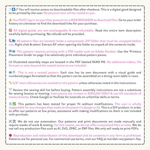 The image is a digital download of a pattern that is available for purchase. It is a DIVIDED pattern, which means it is a collection of individual pattern pieces that can be assembled to create a larger pattern. The pattern requires printing with a suitable printer and has been tested for proper fit without modifications. The user is responsible for any changes they make to the pattern's design or fit, and it is a DIY product. The pattern is available for purchase in a ready-to-print format.