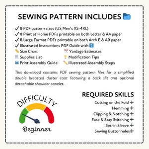 Sewing pattern information with required skills and difficulty level on a white background
