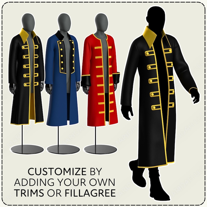 Four mannequins wearing long pirate style coats in black, blue, red, and black with yellow trim on a beige background.