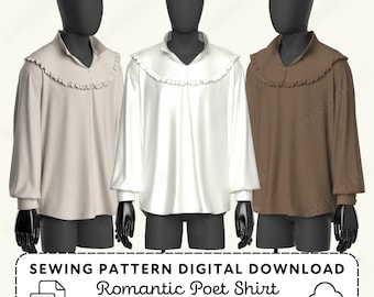 May include: Three long-sleeved shirts in beige, white, and brown, each featuring a ruffled collar and button-front closure. The text reads: SEWING PATTERN DIGITAL DOWNLOAD, Romantic Poet Shirt, MEN'S XS-4XL SIZES, with PDF and download icons.