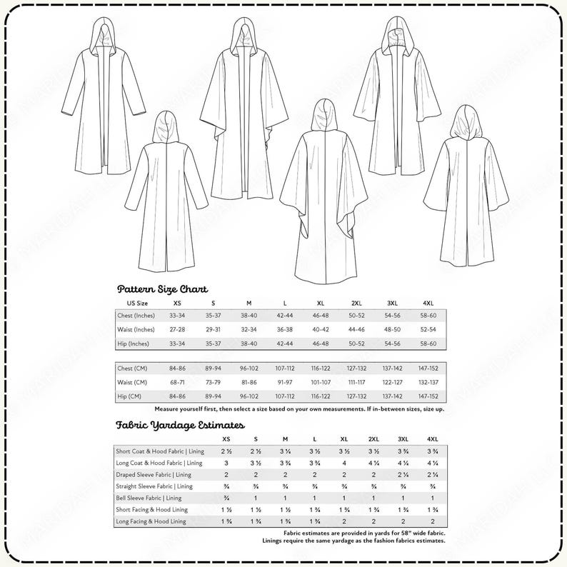 A pattern size chart and fabric yardage estimates for a robe, along with measurements for various sizes.