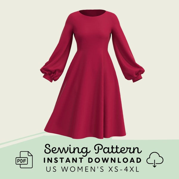 Bishop Sleeve Dress Sewing Pattern | Womens XS-4XL Dress Pattern Digital Download PDF