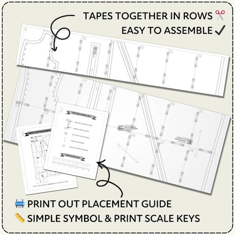 Set of printed sewing patterns with text instructions on a light background. Text describes the pattern as easy to assemble and tapes together in rows. Includes examples of a print out placement guide and sewing pattern symbols.