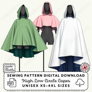 Hooded High-Low Circle Cape Sewing Pattern | 3 Hood Styles, XS-4XL (PDF Digital Download)