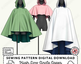Hooded High-Low Circle Cape Sewing Pattern | 3 Hood Styles, XS-4XL (PDF Digital Download)
