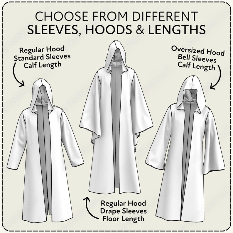 Three different hooded robes with varying sleeve and leg lengths, along with arrows indicating the sleeve and leg length differences.
