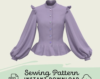 Bishop Sleeve Blouse Sewing Pattern | Womens XS-4XL Shirt Pattern Digital Download PDF