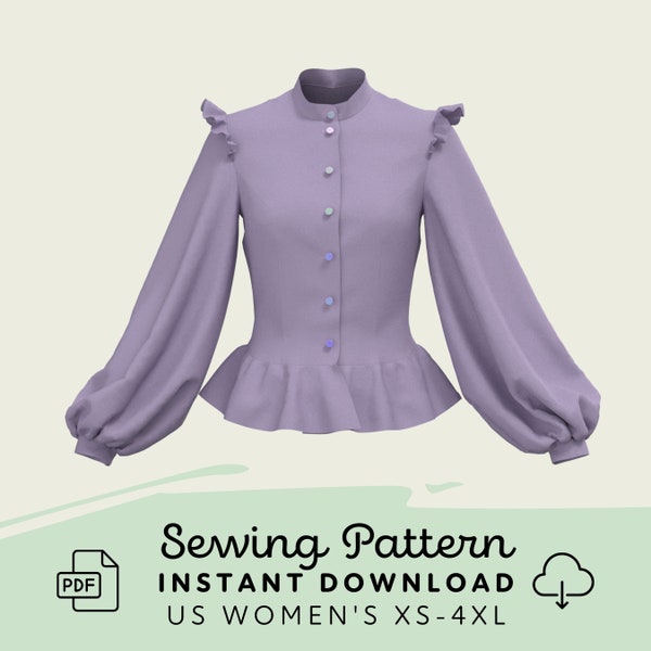Bishop Sleeve Blouse Sewing Pattern | Womens XS-4XL Shirt Pattern Digital Download PDF