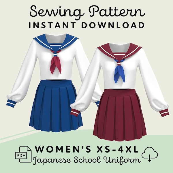 Schnittmuster für japanische Schuluniform | Women XS-4XL Seifuku Sailor Collar Uniform PDF Cosplay Pattern | Digitaler Download Schnittmuster