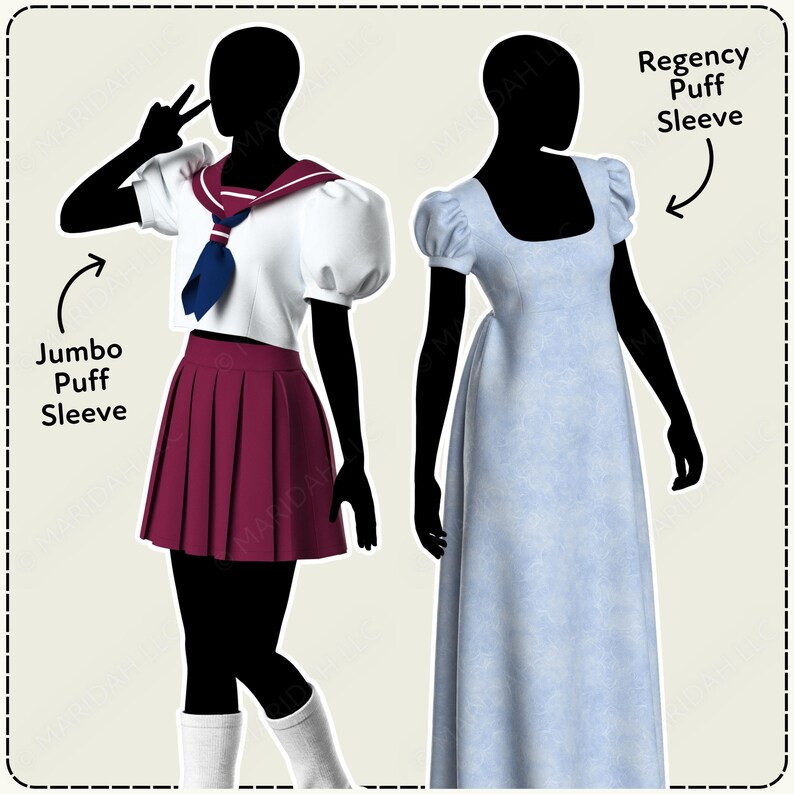 Two mannequins wearing different outfits: a sailor school uniform with jumbo puff sleeves and a Regency puff sleeve dress.