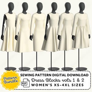 May include: Six black mannequins display various cream-coloured dress designs, including sleeveless, long-sleeved, and flared styles. A yellow badge at the bottom reads: SEWING PATTERN DIGITAL DOWNLOAD, Dress Blocks vols 1 & 2, SIZES XS-4XL.