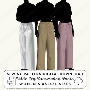 May include: Three pairs of wide-leg drawstring pants in white with gold stripes, tan, and mauve. The pants have elastic waistbands with drawstrings. The image includes text that reads "SEWING PATTERN DIGITAL DOWNLOAD Wide Leg Drawstring Pants WOMEN'S XS-4XL SIZES."