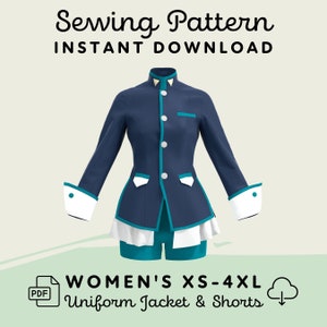 Cosplay Uniform Jacket & Shorts Sewing Pattern | Womens XS-4XL PDF Cosplay Pattern | Digital Download Print at Home Pattern
