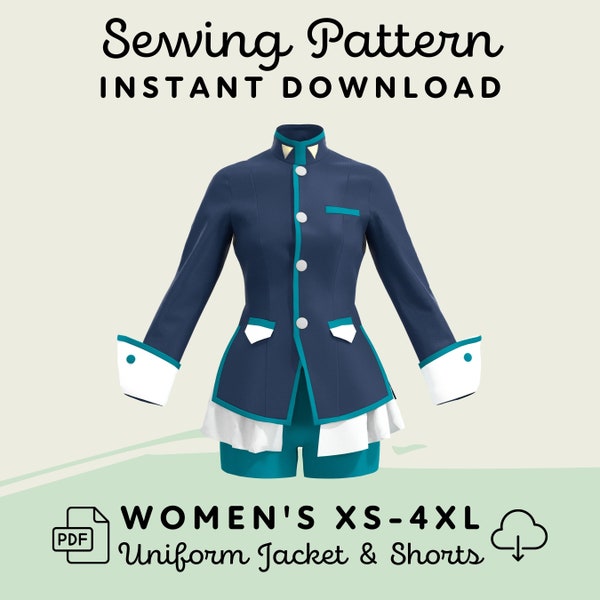 Cosplay Uniform Jacket & Shorts Sewing Pattern | Womens XS-4XL PDF Cosplay Pattern | Digital Download Print at Home Pattern