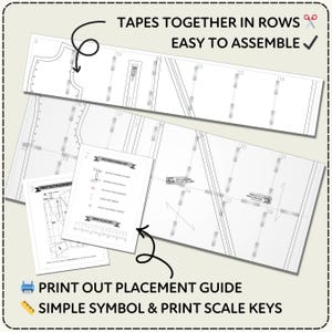 Set of printed sewing patterns with text instructions on a light background. Text describes the pattern as easy to assemble and tapes together in rows. Includes examples of a print out placement guide and sewing pattern symbols.
