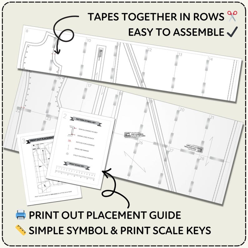 Set of printed sewing patterns with text instructions on a light background. Text describes the pattern as easy to assemble and tapes together in rows. Includes examples of a print out placement guide and sewing pattern symbols.
