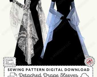 May include: A digital sewing pattern for detached drape sleeves in sizes XS-4XL. The image displays two sleeve styles on black silhouettes: one white sheer sleeve with intricate floral lace patterns and one light blue sheer sleeve with glitter.