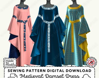 Damsel Gown Sewing Pattern | Medieval Renaissance Dress, Womens XS-4XL (PDF Digital Download)