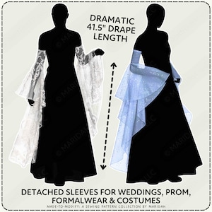 two silhouettes of women wearing formalwear and costumes, including detachable sleeves. The text above the silhouettes indicates that the sleeves are "Dramatic 41.5" inches long.