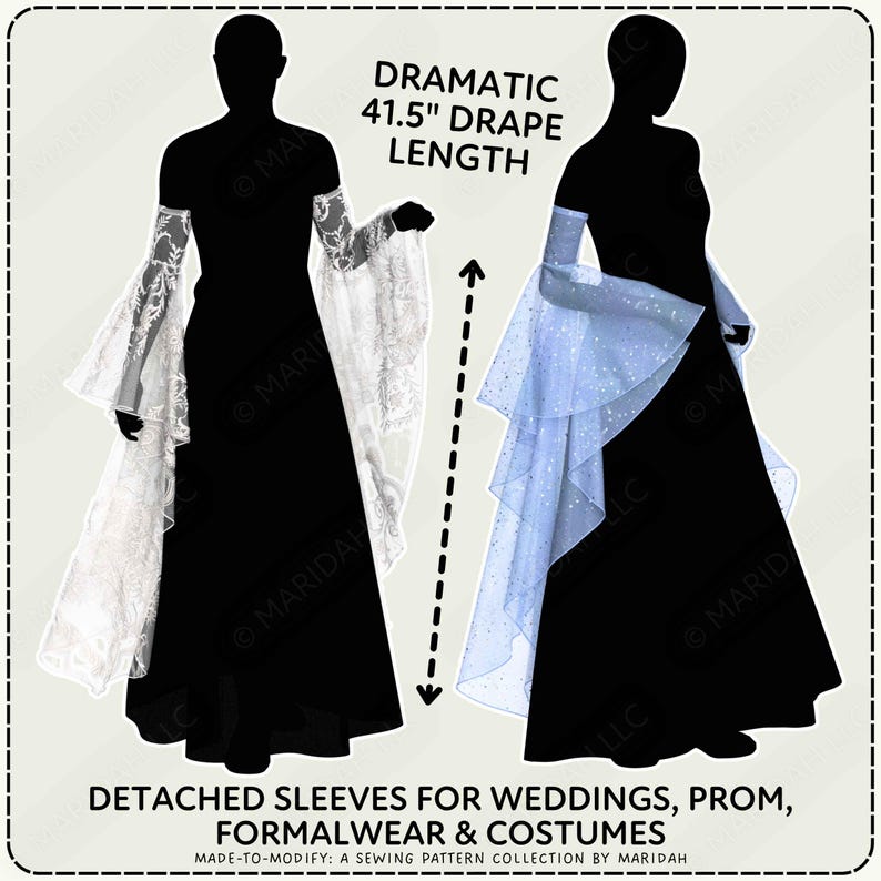 two silhouettes of women wearing formalwear and costumes, including detachable sleeves. The text above the silhouettes indicates that the sleeves are "Dramatic 41.5" inches long.