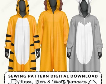 Kigurumi Sewing Pattern | Tiger Lion Wolf Cosplay Pajama Jumper XS-4XL (PDF Digital Download)