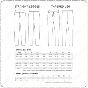 a pair of straight leggings and a pair of taped leggings, both in different sizes, as indicated by the size chart and fabric yardage estimates.