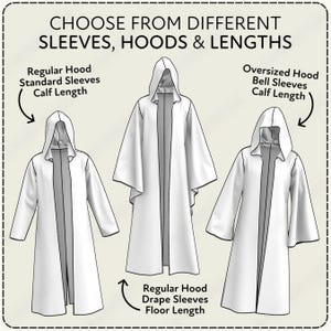Three different hooded robes with varying sleeve and leg lengths, along with arrows indicating the sleeve and leg length differences.