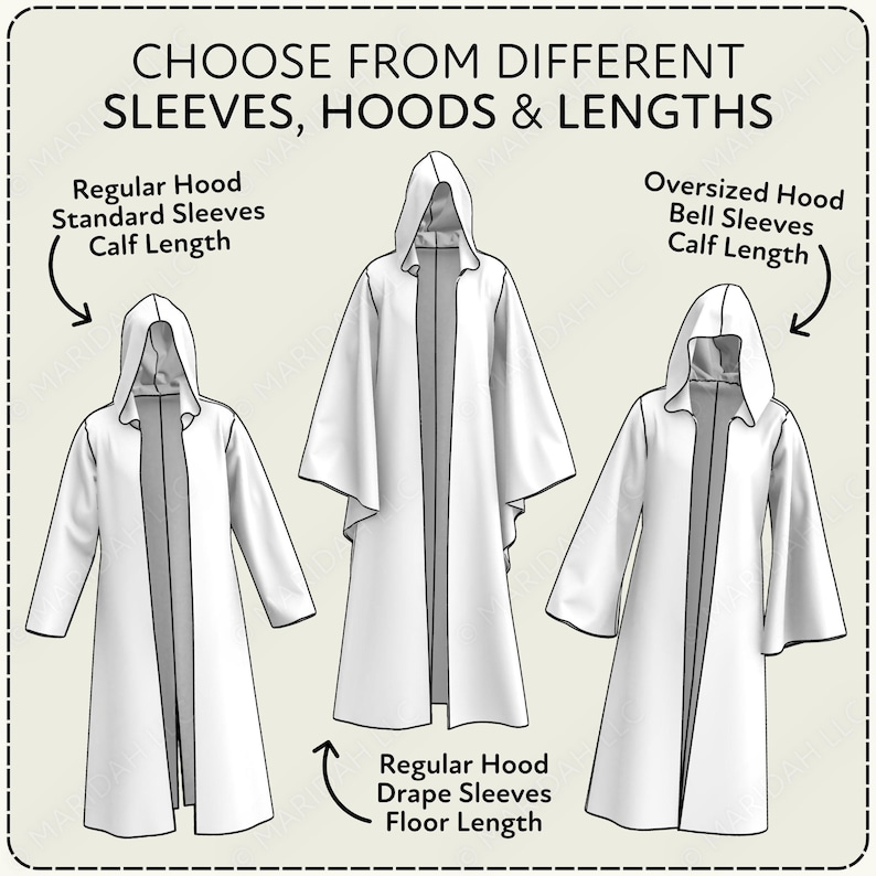 Three different hooded robes with varying sleeve and leg lengths, along with arrows indicating the sleeve and leg length differences.