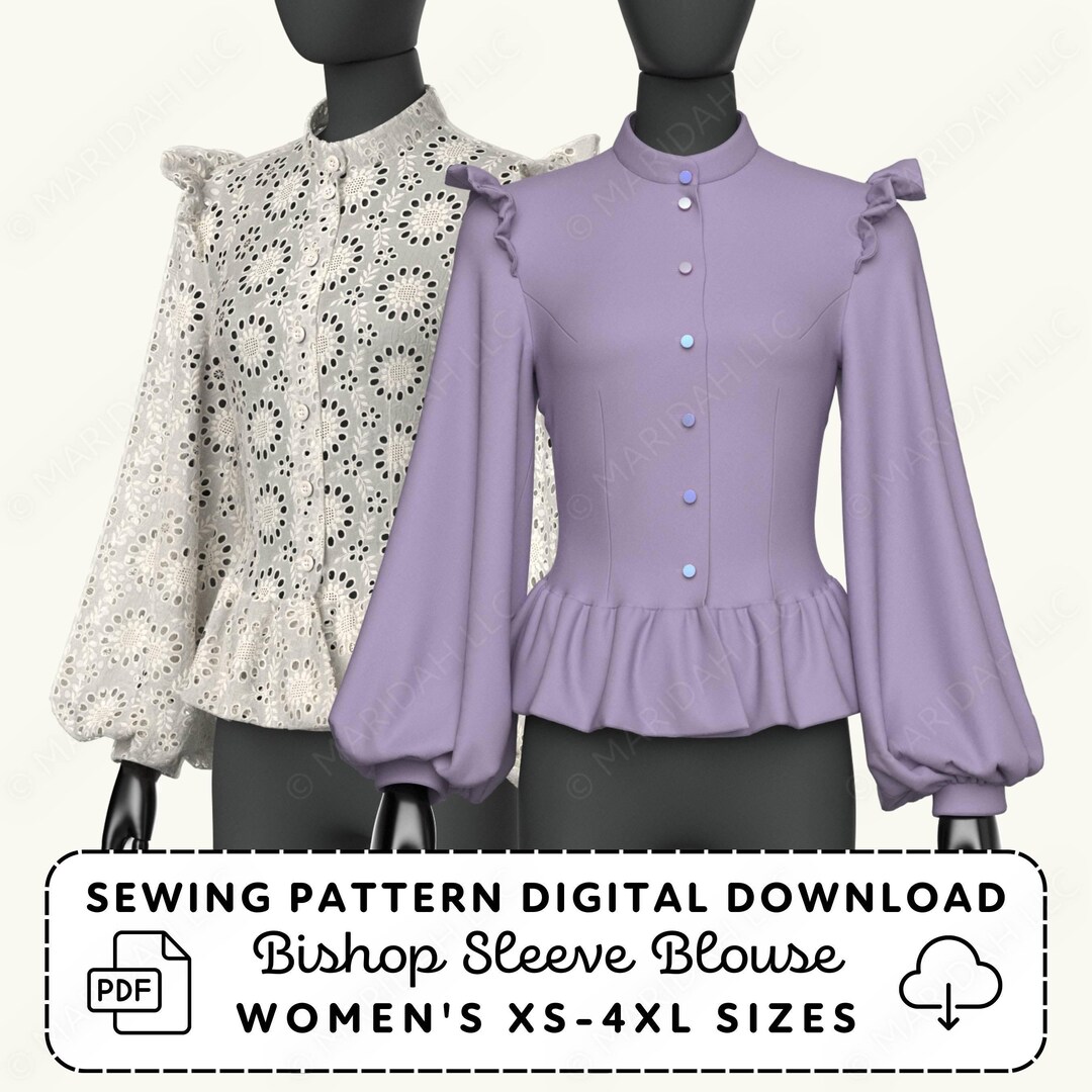 Bishop Sleeve Blouse Sewing Pattern | Peplum Ruffles XS-4XL (PDF ...