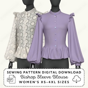 May include: Two long-sleeve blouses on mannequins, one in solid lavender and one in white eyelet fabric. Both feature a high collar, button-down front, ruffled shoulders, and a peplum hem. Text reads: SEWING PATTERN DIGITAL DOWNLOAD Bishop Sleeve Blouse.