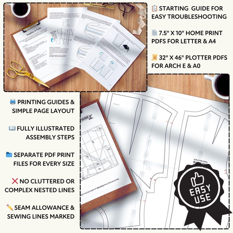 Collage of various printed materials, including a guide for easy troubleshooting, a 7.5" x 10" home print for letter and A4, and 32" x 46" plotter PDFs. Printed pages with diagrams and instructions, as well as printed assembly instruction guides and a sewing pattern. The image includes a ribbon and a pair of scissors, suggesting a workspace or crafting area.