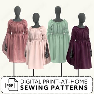Four mannequins wearing long, draped sleeve chemise dresses in various colors, including pink, green, purple, and maroon. Text below indicates this is a Digital Print at Home Sewing Pattern.