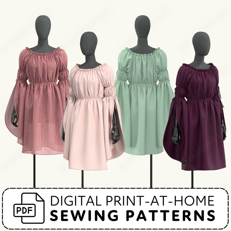 Four mannequins wearing long, draped sleeve chemise dresses in various colors, including pink, green, purple, and maroon. Text below indicates this is a Digital Print at Home Sewing Pattern.