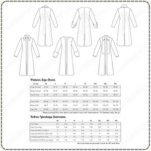 Tech sketches, size chart, and yardage estimates for a pirate coat sewing pattern with multiple syles.