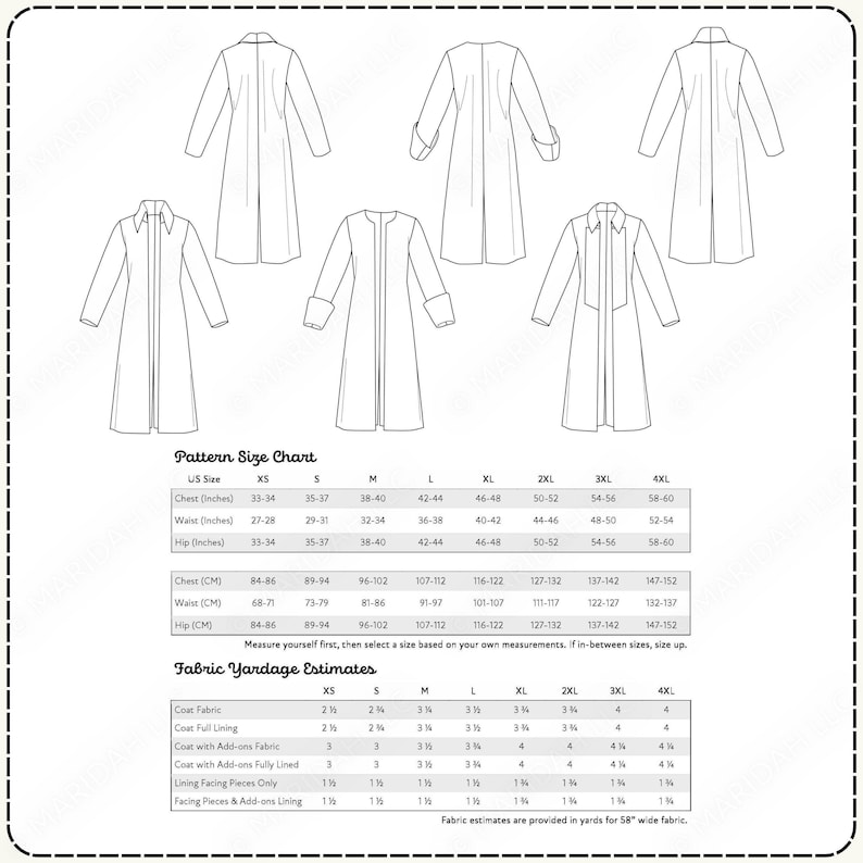 Tech sketches, size chart, and yardage estimates for a pirate coat sewing pattern with multiple syles.