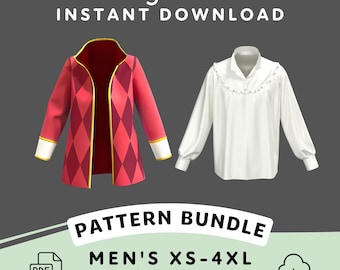 Harlequin Jacket & Poet Shirt Sewing Pattern Set | Mens XS-4XL PDF Cosplay Pattern | Digital Download Print at Home Pattern