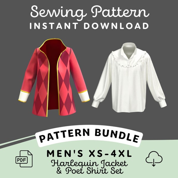 Harlequin Jacket & Poet Shirt Sewing Pattern Set | Mens XS-4XL PDF Cosplay Pattern | Digital Download Print at Home Pattern