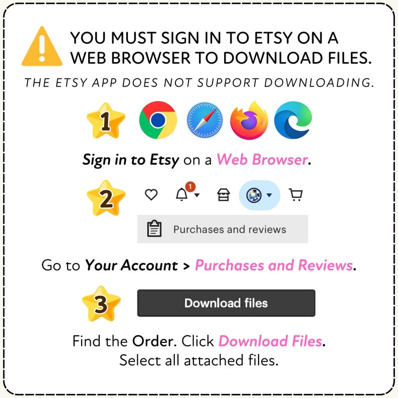 Instructions on how to download files from Etsy using a web browser with visual references.