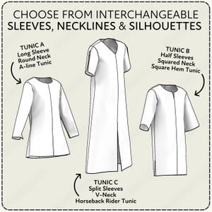 The image is a fashion illustration featuring three different tunics, neckslits, and silhouettes, each with distinct sleeve and neckline styles.