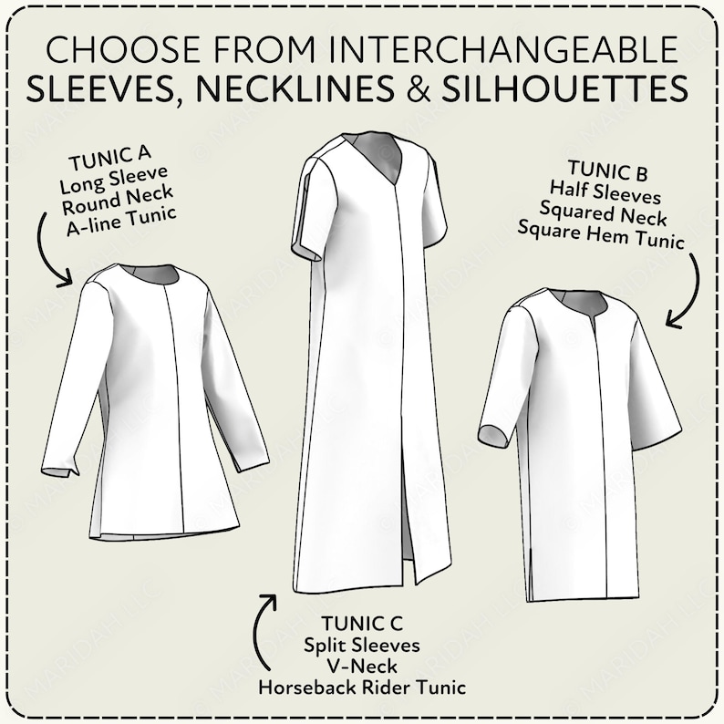 The image is a fashion illustration featuring three different tunics, neckslits, and silhouettes, each with distinct sleeve and neckline styles.