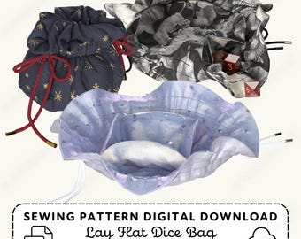 Op de afbeelding: Drie stoffen dobbelsteenzakjes, één donkerblauw met gouden sterren en rode trekkoorden, één met zwart-wit bloemenprint en één iriserend lichtpaars. Tekst: SEWING PATTERN DIGITAL DOWNLOAD Lay Flat Dice Bag BEGINNER FRIENDLY.
