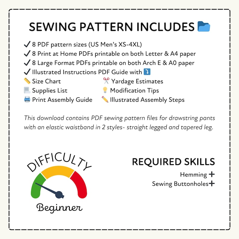 a sewing pattern that includes 8 PDF sewing pattern files for drawingstrange pants with an elastic waistband in 2 styles - straight legged and taped leg.