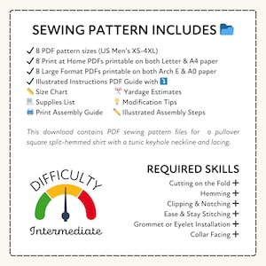 a sewing pattern that includes various sewing pattern files for a pullover square split-hemmed shirt with a tunic keyhole neckline and lacing.