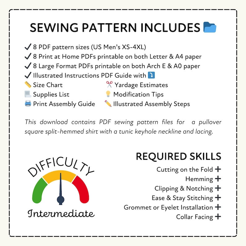 a sewing pattern that includes various sewing pattern files for a pullover square split-hemmed shirt with a tunic keyhole neckline and lacing.