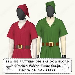 Swordsman Tunic Sewing Pattern | Notched Collar Elf Outfit Mens XS-4XL (PDF Digital Download)