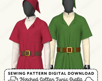 Swordsman Tunic Sewing Pattern | Notched Collar Elf Outfit Mens XS-4XL (PDF Digital Download)