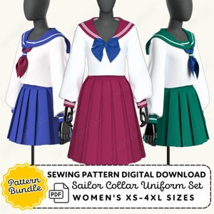May include: A digital sewing pattern bundle for a sailor collar uniform set. The image displays three white long-sleeve tops with sailor collars and pleated skirts in blue, magenta, and green, each featuring a large bow at the neckline.