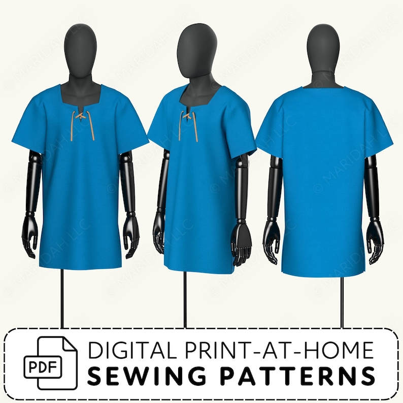 three mannequins wearing blue tops, arranged in a row.