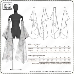 The image is a sewing pattern collection by Maridah, featuring a mannequin wearing a white long drape sleeves and a fabric yardage chart and fabric yardage estimates.